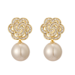 海派镂空满闪亮花朵耳环轻奢复古典名媛珍珠耳钉精致旗袍耳饰品女