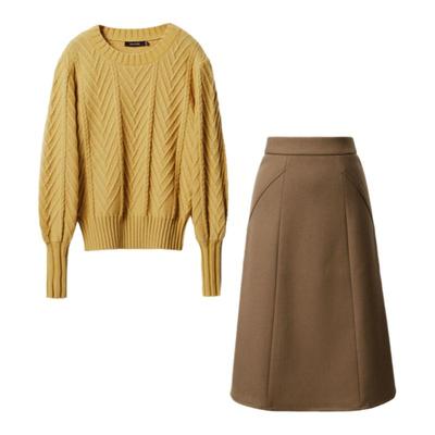 圆领短款毛衣A字半身裙套装女