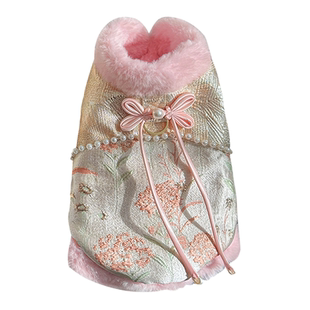 袋袋猫 新年富贵花宠物新中式锦缎毛绒牵引棉服比熊狗狗拜年衣服