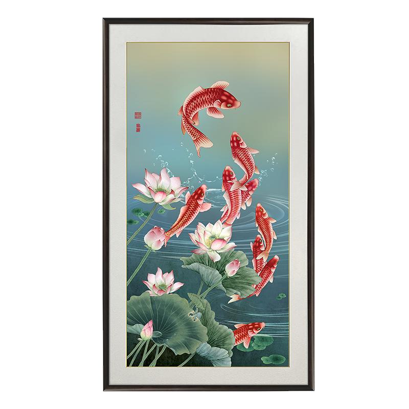 清仓复古装饰画玄关挂画荷花九鱼铜雕画走廊家庭中式画手工錾刻画
