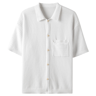 KUYIOU/华夫格肌理 精梳棉叠加口袋翻领宽松横机针织开衫短袖男