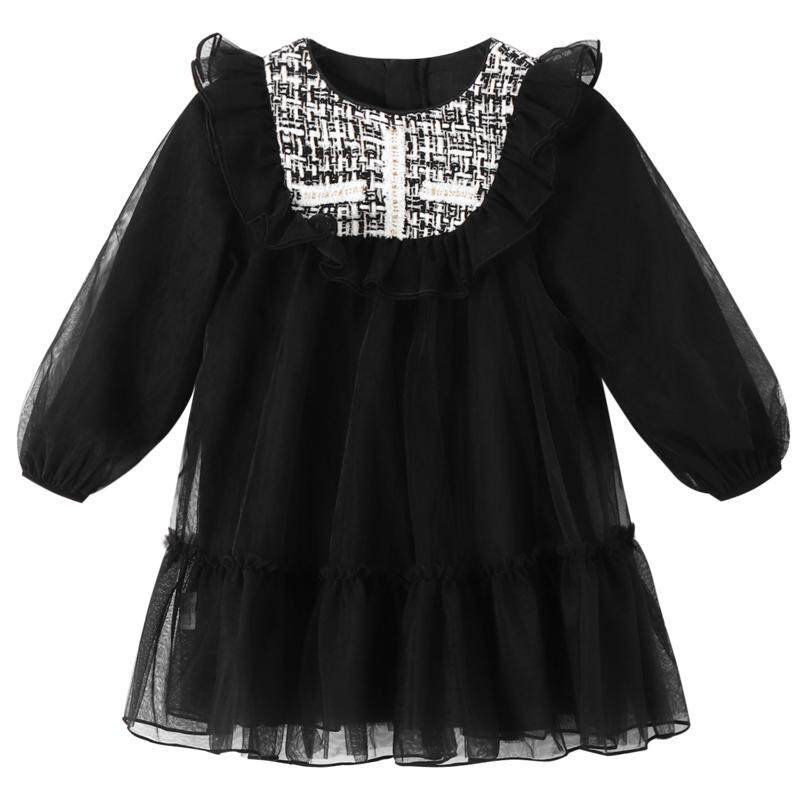 安奈儿套装女童连衣裙子时尚小香风长袖2023秋装新款简约甜美网纱