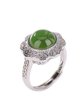 山予棠S925纯银和田玉碧玉时尚如意镂空花纹圆形戒指简约花朵指环