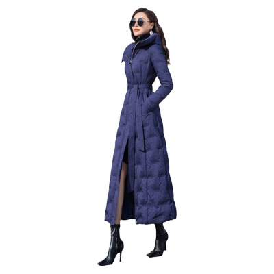 羽绒服女2024年新款蓝色长款修身过膝白鸭绒加厚外套超长到脚踝