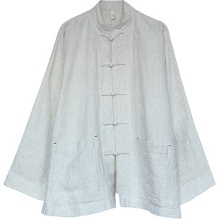 古石后原创新中式外套女春秋季本麻色打坐太极晨练服厚款亚麻衬衫