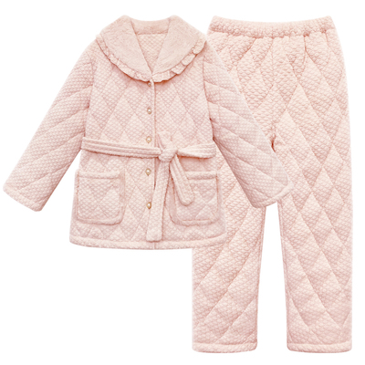 冬季珊瑚绒睡衣女三层夹棉加绒加厚棉袄保暖可外穿家居服套装Y206