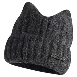 可爱猫耳朵帽子女冬2025款秋冬大头围显脸小羊毛混纺针织毛线冷帽