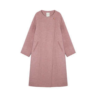 UNSPOKEN100羊毛双面呢大衣女冬高级感粉色毛呢外套中长法式复古