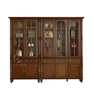 淘美庭美式实木组合书柜书房落地原木书橱柜中式置物柜玻璃门整墙
