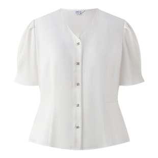 PRICH淡人穿搭气质V领短袖衬衫夏季新款垂坠感收腰显瘦上衣女