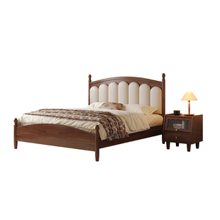 政府补贴蓝色理想实木床全实木主卧1米8双人床复古风黑胡桃软包床