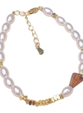 小众设计米粒珍珠手链女高级感虎眼石可调节手绳气质时尚百搭饰品