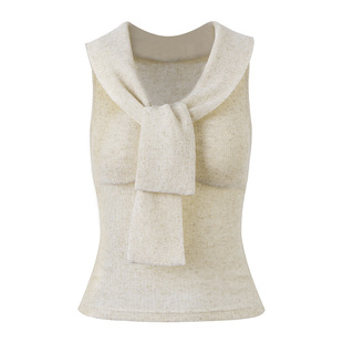 PynkiSwear杏色/深灰色针织麻感V领打结无袖背心修身显瘦外穿上衣