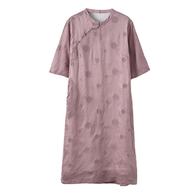 刺绣苎麻碎花新中式宽松旗袍裙