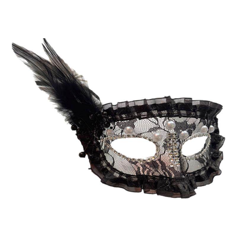 珍珠羽毛半脸面具黑色假面舞会化妆派对装饰品万圣节化妆舞会配饰