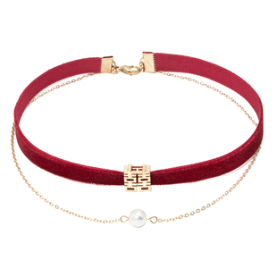 Pink喜字珍珠项链过年红色丝绒颈链项圈女颈带chocker锁骨链