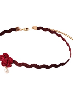 酒红色波浪女颈带花朵珍珠项圈