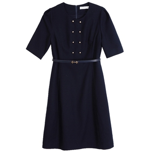 Lavinia女装春秋新款优雅圆领短袖复古气质通勤连衣裙R35L111