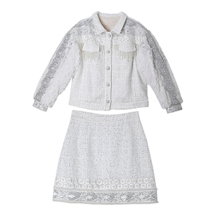 【7折】麦叙原创《鹅毛笔》重工钉珠民族风白色短外套女加绒套装