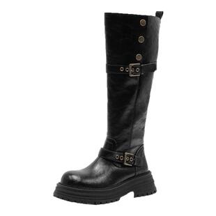 米霏~真皮胖mm长筒靴女粗腿大筒围高筒靴加宽厚底骑士靴大码女靴