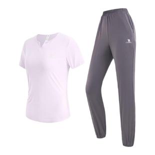 骆驼瑜伽服套装女夏季户外跑步服短袖运动服时尚专业健身服两件套