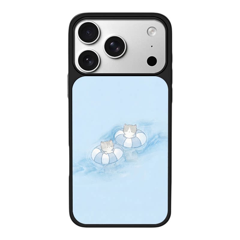 淡蓝色游泳圈小猫咪治愈适用于苹果17promax新款手机壳iPhone air/16pro/15plus14玻璃13pro手机套冰感小米17