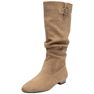 大东女鞋长靴2025冬季新款英伦复古绒面长筒靴套筒平跟美拉德女靴