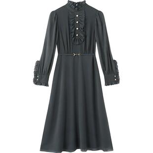 LK BENNETT深绿连衣裙女2025年秋季新款木耳边领长袖收腰裙