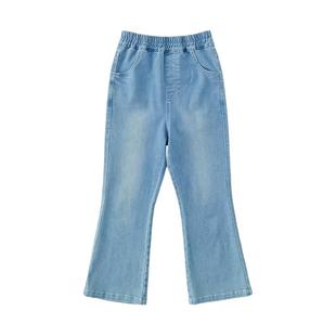 棵初2026年春款中大女童复古弹力九分裤浅蓝色时尚微喇牛仔裤