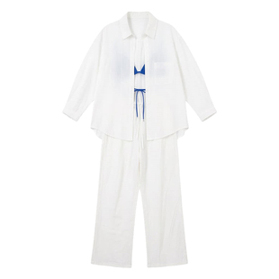 白色高级长裤长袖罩衫防晒衬衫裤子套装比基尼度假性感温泉泳衣女