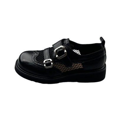 网面拼接镂空魔术贴厚底乐福鞋