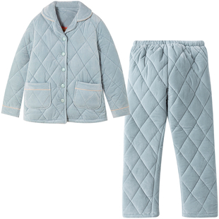 顶呱呱家居服套装情侣水晶绒三层加厚保暖夹棉长袖长裤睡衣女冬款