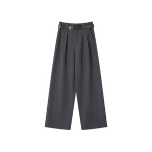 XWI欣未高智感立体垂顺灰色休闲裤女2026年春季配腰带直筒西服裤