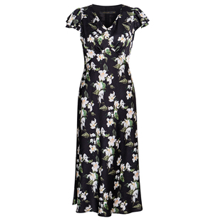 罗衣时尚V领收腰约会连衣裙女夏季优雅荷叶袖优雅缎面中长裙12171