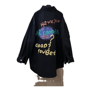 现货韩国2026春秋季新款手绘涂鸦印花黑色硬朗牛仔衬衫外套