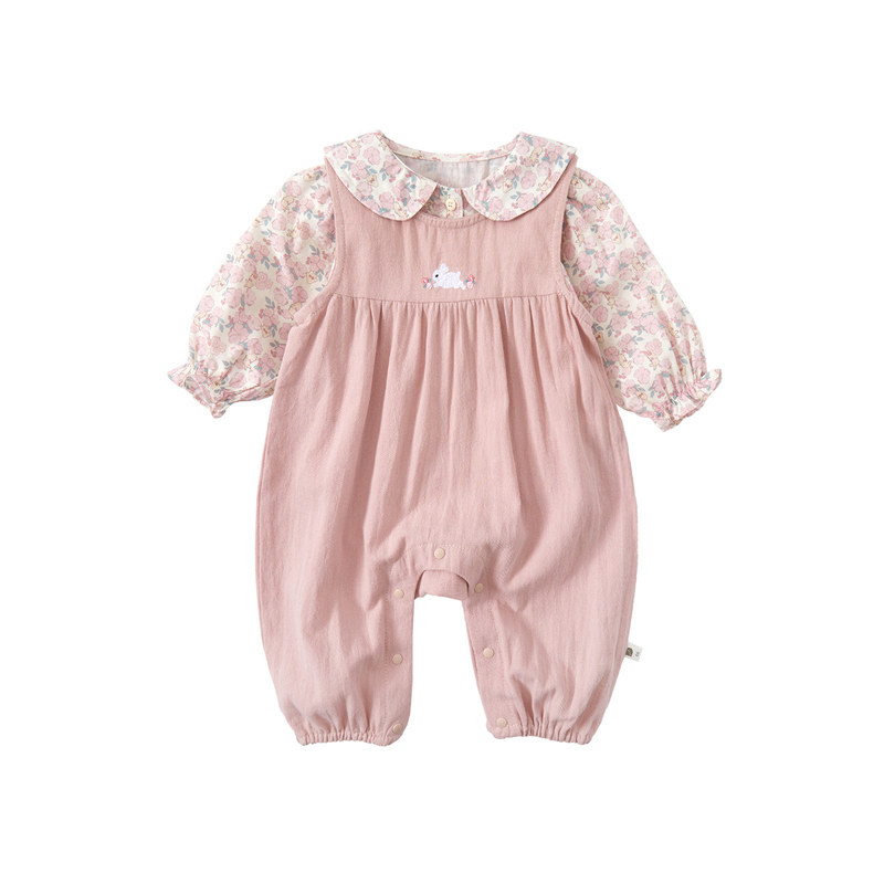 婴幼儿兔子哈衣套装2026春季新款女宝洋气兔耳朵衬衫连体衣两件套
