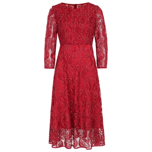 马天奴春夏新款红色蕾丝绣花连衣裙子收腰圆领气质婚宴敬酒服女