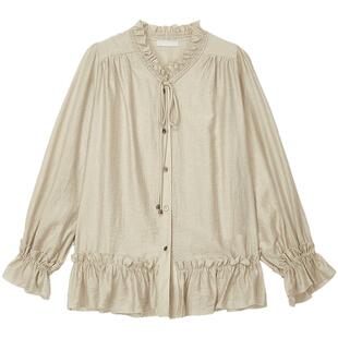 MOUSSY 2026春季新品法式复古风木耳边系带长袖衬衫028JSA30-1033
