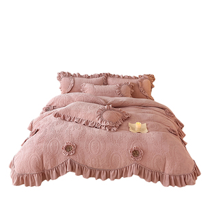 冬季雕花牛奶绒四件套加厚保暖床裙款床盖款法式双面珊瑚绒被套罩