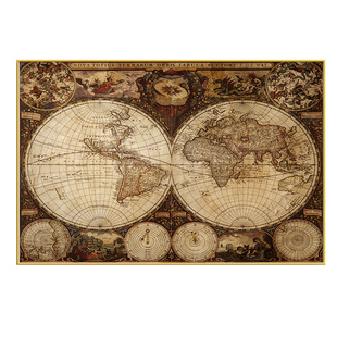 复古怀旧世界地理图装饰画横版办公室酒吧壁画欧式航海图客厅挂画