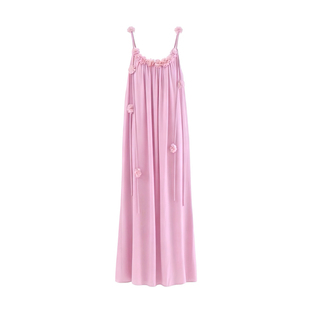 入夏INSUMMER 2026新品粉色花朵度假风吊带连衣裙 甜美仙女沙滩裙