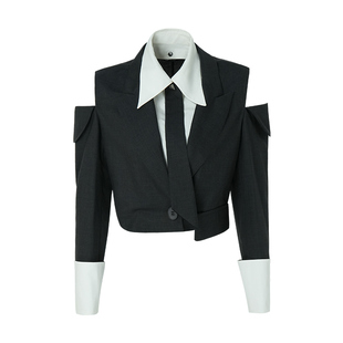 IDPAN女装春季新款干练通勤撞色拼接假两件衬衫领短外套女