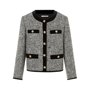 LIME莱茵优雅小香风短截上衣中灰色冬复古圆领轻奢宽松直筒外套