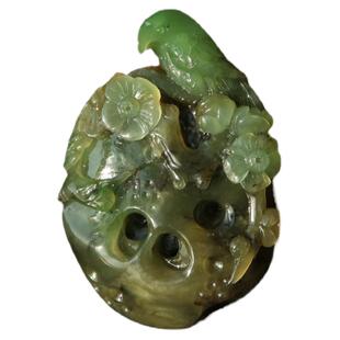 隆和斋珍藏新疆和田碧玉籽料手把件巧雕梅花老鹰太湖石造型超值价