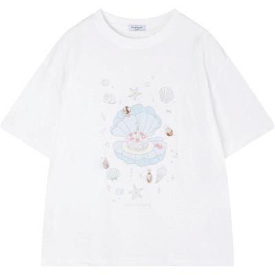 MUCMUKN【海洋派对】法国亚麻平纹棉立体贝壳印花短袖T恤女童26夏