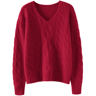 品味精进~车厘子红V领绞花羊绒衫女宽松慵懒风纯羊绒毛衣秋冬新款