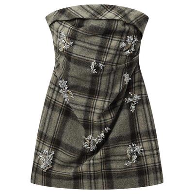 OCHIRLY欧时力格子呢抹胸连衣裙