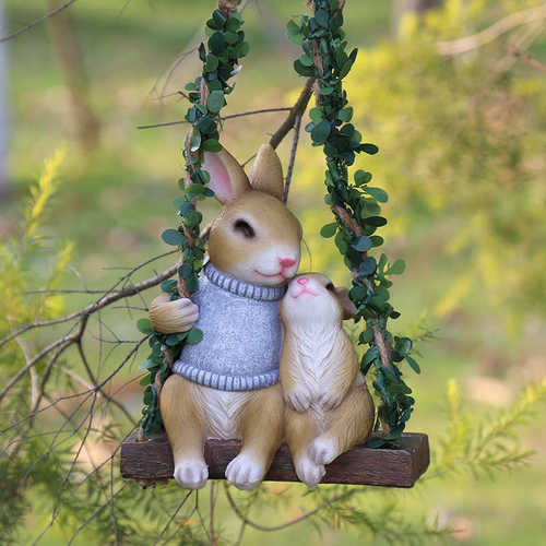 户外花园庭院阳台工艺品  秋千兔子动物创意挂件仿真树上装饰摆件