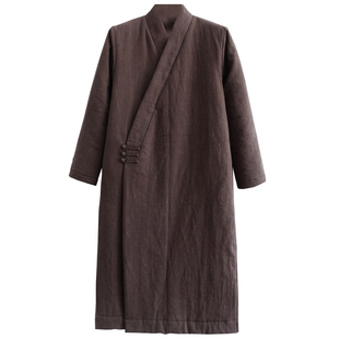 原创中式亚麻唐装改良汉服男士冬季棉袍大码长衫加厚长款休闲棉服