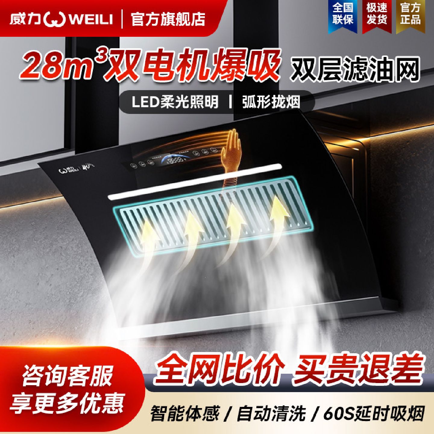 威力抽油烟机家用厨房双电机大吸力自动清洗侧吸式出租房吸油烟机